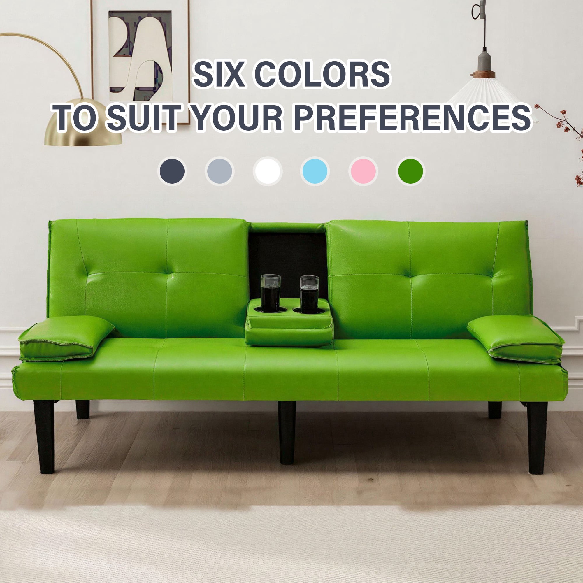CARZZI LIFE Futon Sofa Bed PU Leather Modern Convertible Futon Couch with Removable Armrests, Cup Holders, Loveseat Sleeper Sofa Bed for Living Room, Apartment, Small Spaces (Green)