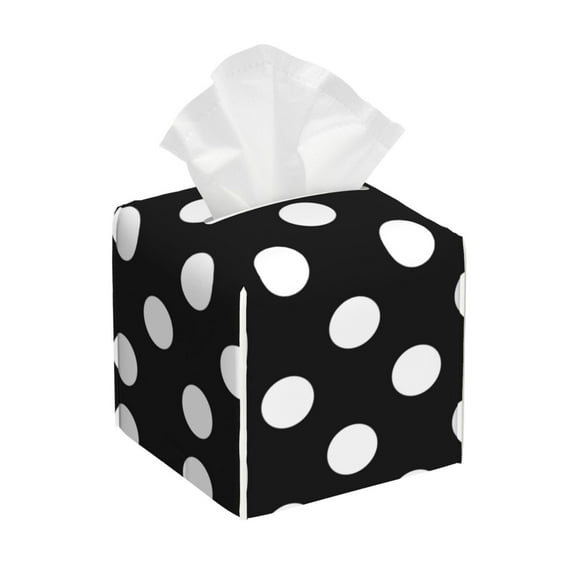 Kdxio Black and White Polka Dot Print Tissue Box Cover,Square Decorative PU Leather Facial Paper Case Organizer Holder Dispenser for Bathroom,Night Stands,Desk,Car 5.2''X5.2''X5.2''