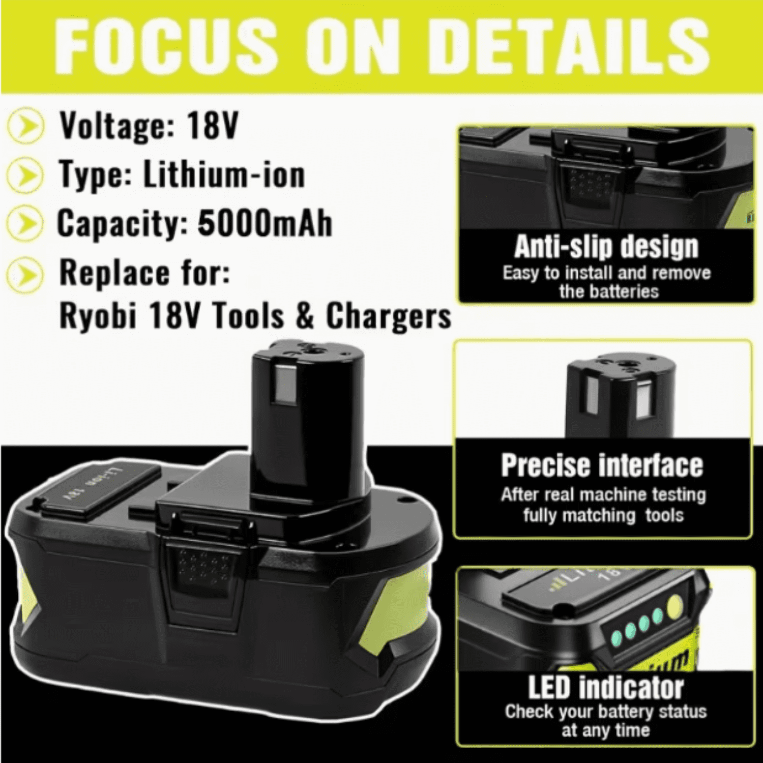2-Pack 18V 5.0Ah Lithium lon Rapid Rechargeable Replacement Ryobi Battery, Compatible with 18V One+ Power Tools P100 P102 P103 P104 P105 P107 P108 P109