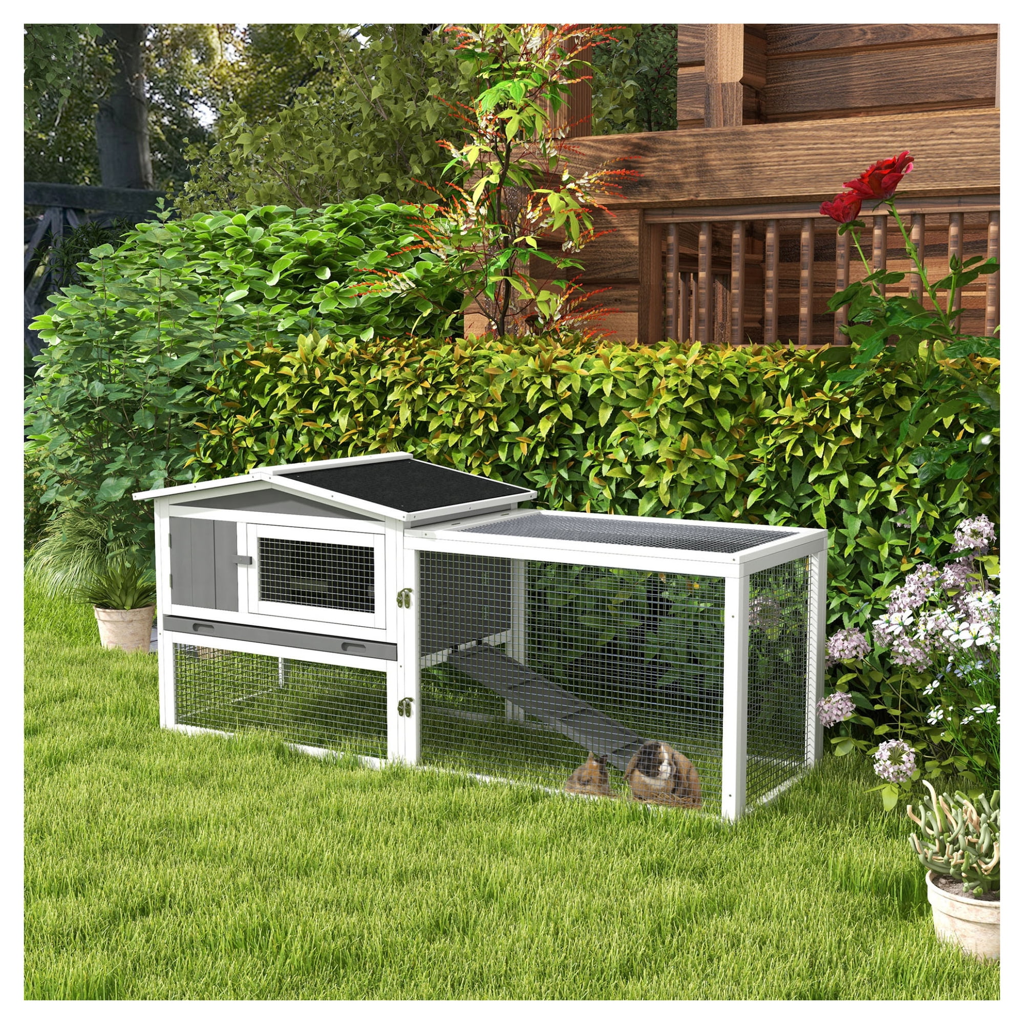 Rabbit Hutch 2-Story Bunny Cage, Guinea Pig Cage Indoor Outdoor, Small Animal House with Slide Out Tray, 61.5" x 23" x 27", Light Gray