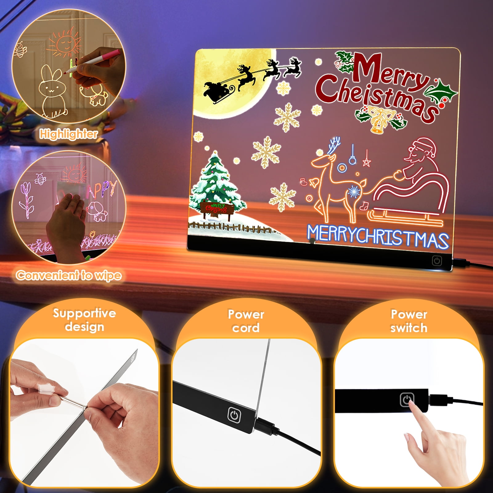 Threns LED Drawing Board Glowing Acrylic LED Message Board with 7 Colors Lights and Stand Illuminated Drawing Pad for Kids Office Home