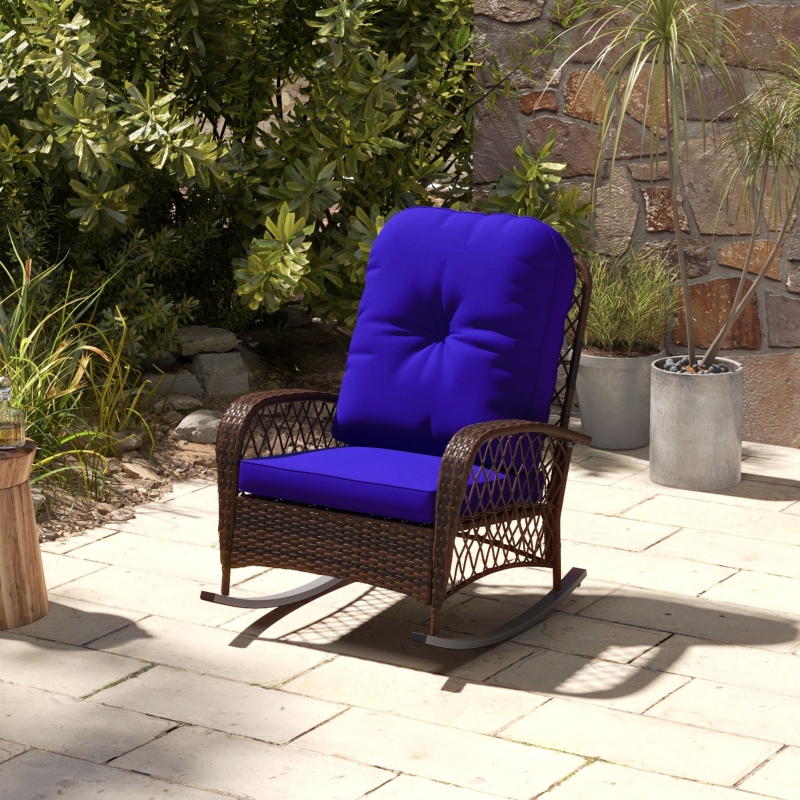 HOQBN Rattan Porch Rocker w/ Plush Cushion, Dark Blue