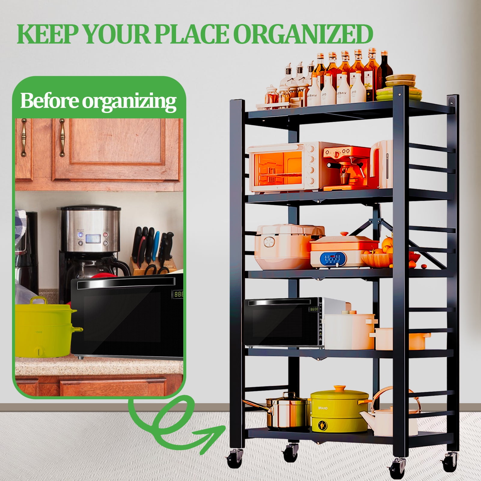 Camkey 5-Tier Heavy Duty Metal Shelving, Foldable with Wheels, No Assembly