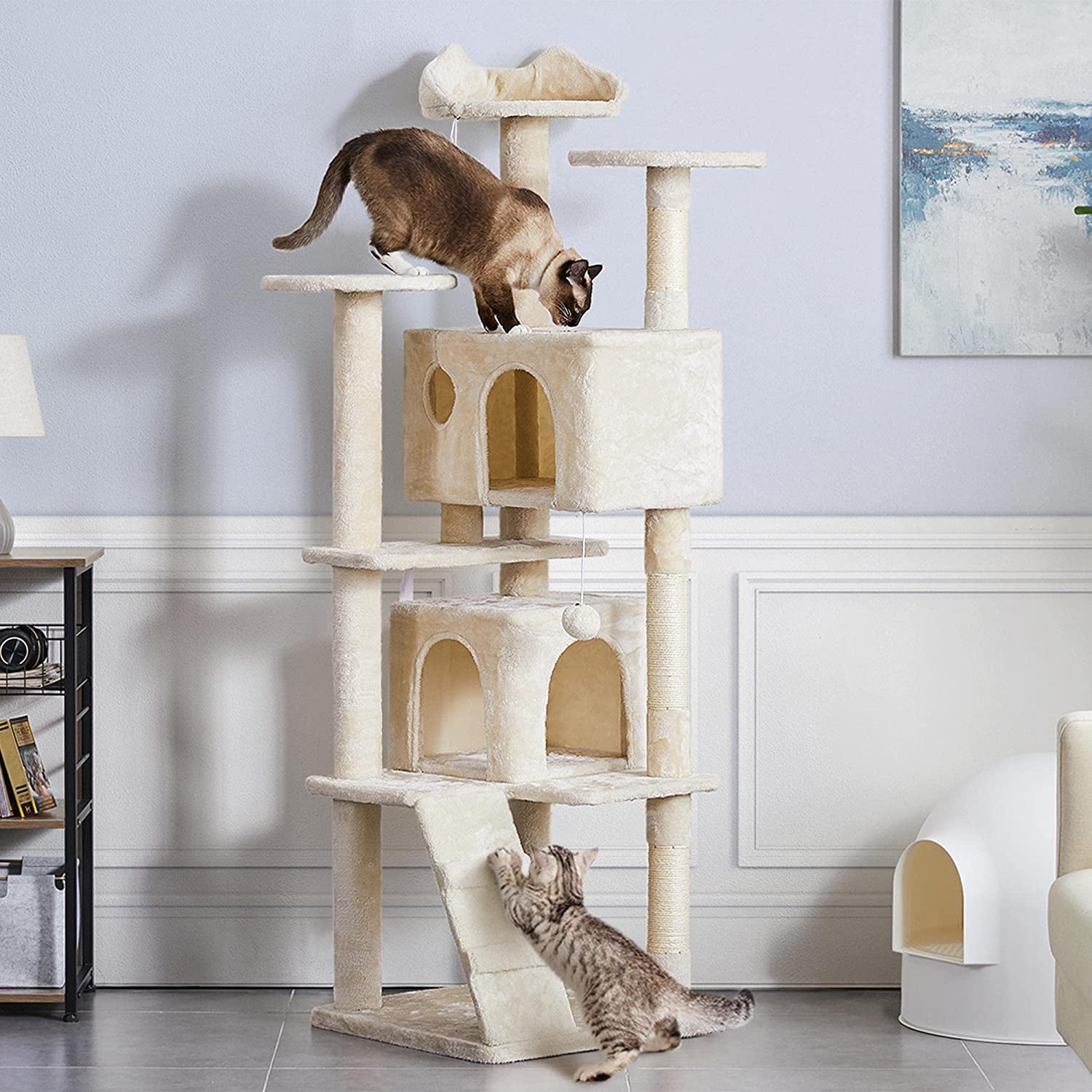 HWong 70in Multi-Level Cat Tree Tall Cat Tower Cat Furniture with Condo, Scratching Posts & Dangling Ball for Indoor Cats Activity Center, Beige