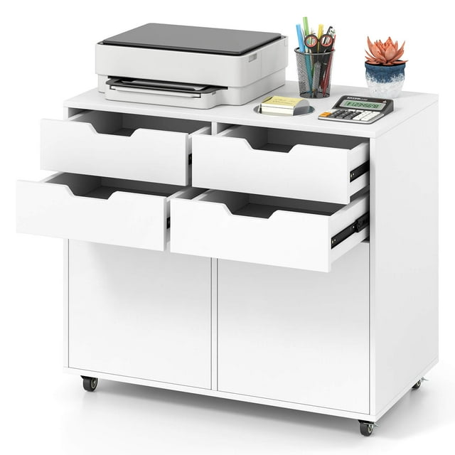 Costway Classeur à 4 Tiroirs, Support d'Imprimante Roulant avec Roulettes, Commode en Bois