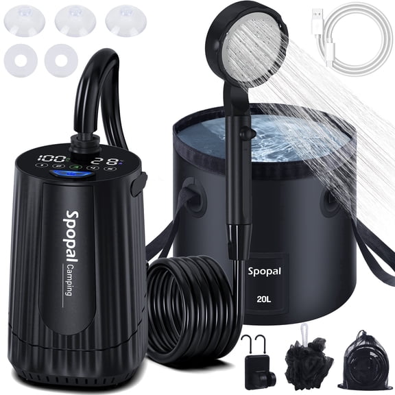 Spopal Portable Camping Shower, 10000mAh Rechargeable, 20L Foldable Bucket, Filter Shower Head, 5-Speed, LED Display, IPX8 Waterproof, Black