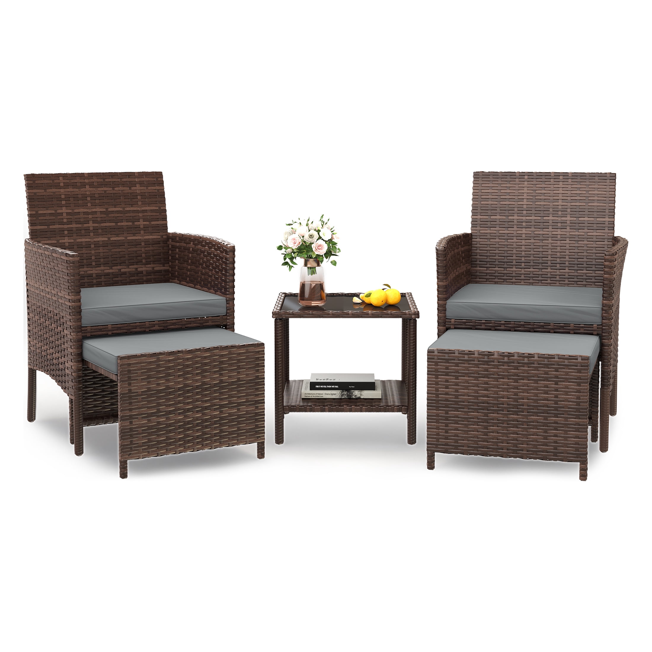 UDPATIO Balcony Furniture 5 Piece Patio Furniture Set, Outdoor Brown Wicker Chairs with Ottoman, Grey
