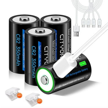 CITYORK CR2 Lithium Batteries ，4 Pack 3V 350mAh Lithium-ion TYPE-C Quick Charge USB Rechargeable CR2 Photo Batteries for Golf Rangefinder，instant cameras，bike lights,driving watches，no-bark collars