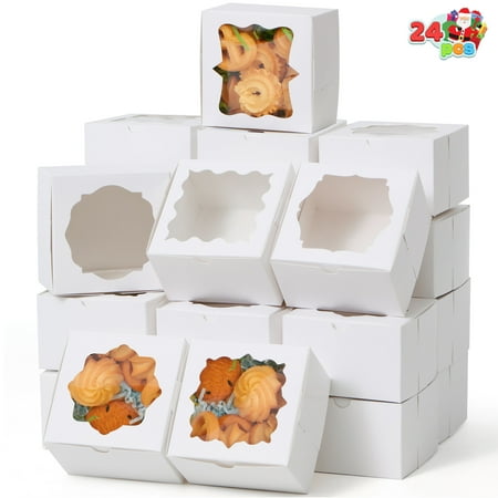 SYNCFUN 24 Pcs Christmas Bakery Cake Boxes with Window, 4x4x2.5 inch White Plain Kraft Paper Gift Box, Cookie Boxes for Pastries, Cupcakes, Cookies, Brownies, Donuts Gift-Giving