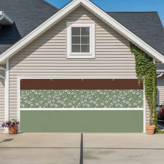 Sage Green Brown Flowers Garage Door Cover Banner 6 x 13 FT, Classic Botanical Art Elegant Garage Door Curtains Backdrop with Grommets for Indoor Outdoor Wall Party Porch Yard Decorations Background
