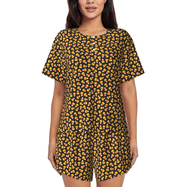 Balery Candy Corn Conjunto de Pijama para Mujer con Estampado, Dos Piezas de Manga Corta y Shorts, Ropa de Dormir Suave con Cuello Redondo y Bolsillos-Small