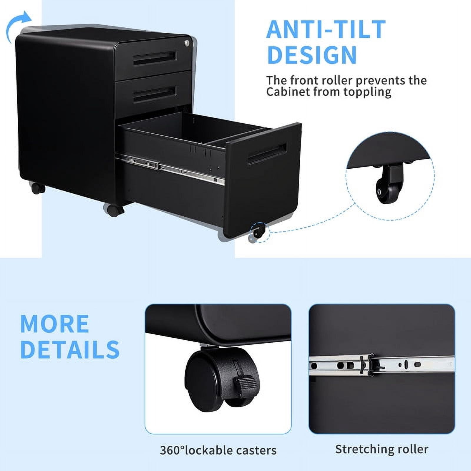 MIIIKO 3-Drawer Rolling File Cabinet, Metal Mobile File Cabinet with Lock, Filing Cabinet Under Desk fits Legal/Letter/A4 Size for Home/Office