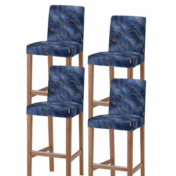 Navy Blue Marble Bar Stool Covers Set of 4, Modern Golden Geometric Art Stretch Washable Bar Chair Covers with Backs, Removable Pub Counter Height Chair Cover for Kitchen Dining Room Cafe