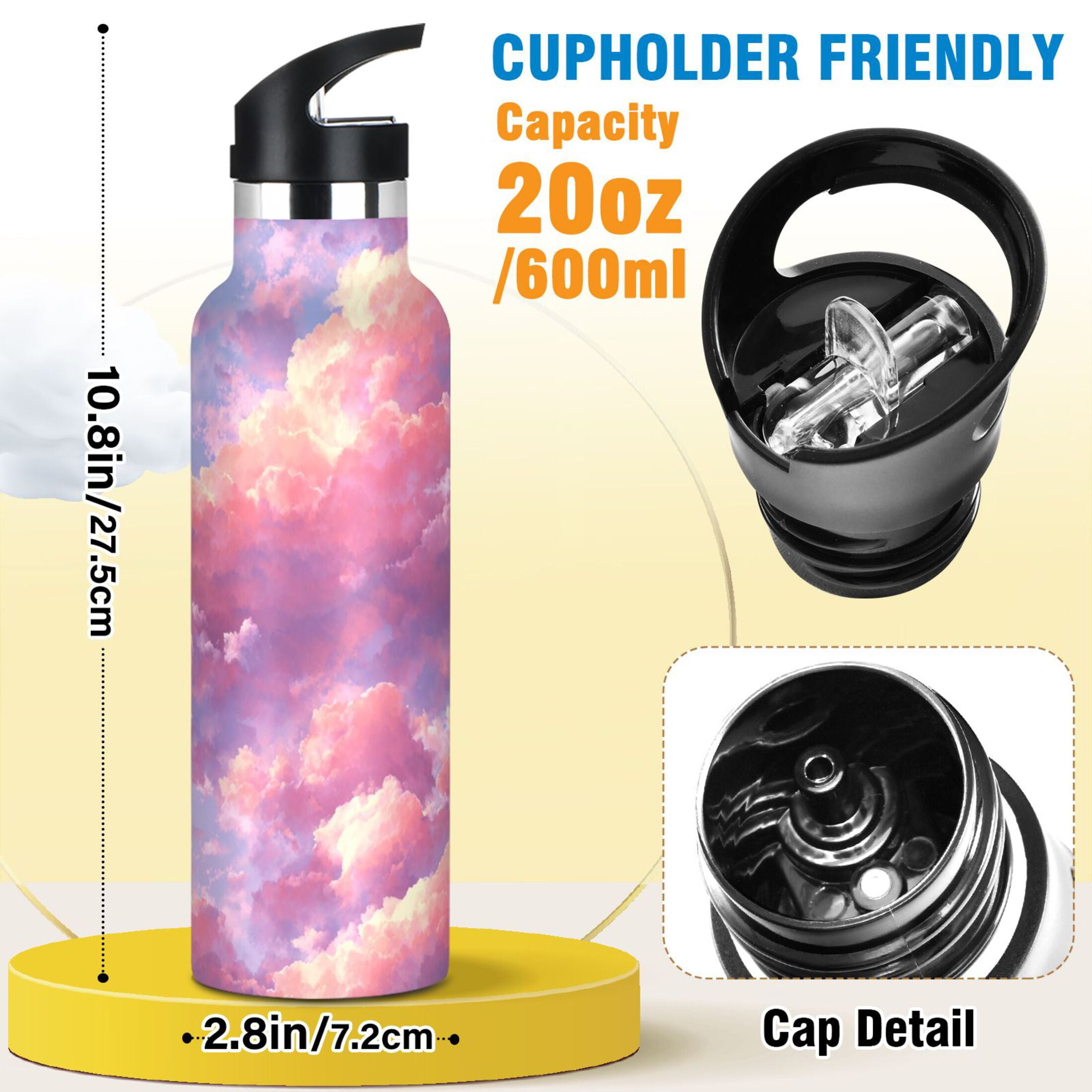 600ML Stainless Steel Insulated Cup Sports Water Bottle Portable Thermos Cup Water Glasses Insulated Tumblers Convenient and Durable Beautiful Pink Clouds