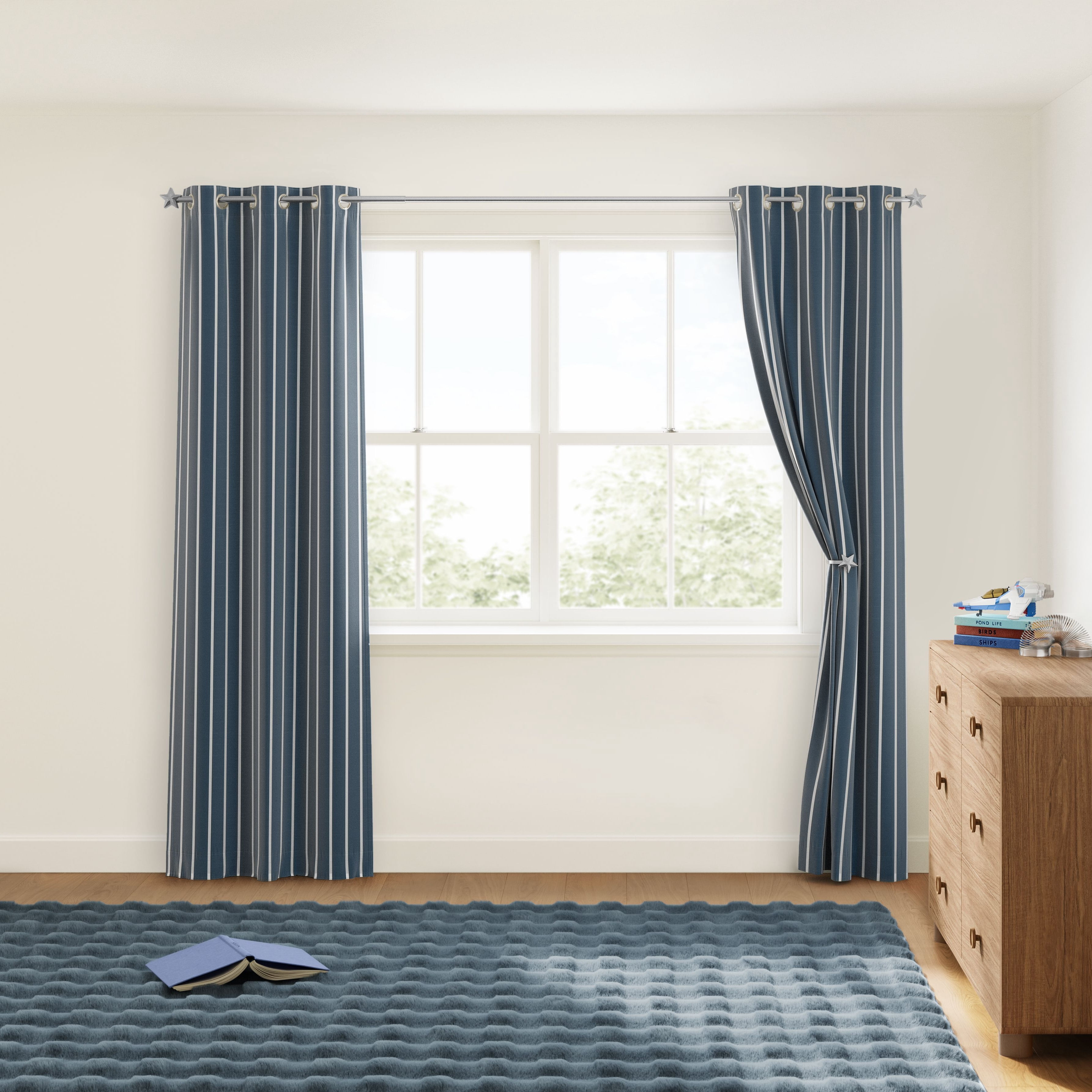 Mainstays Kids Light Filtering Grommet Single Curtain Panel, Blue and White Stripe, 38 in W x 95 in L