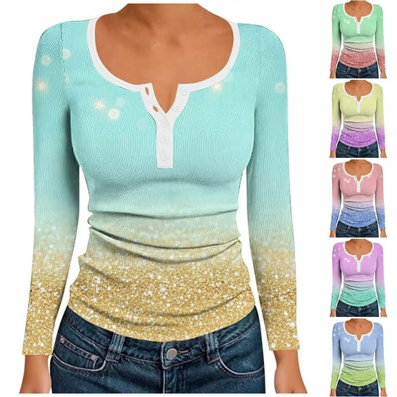 qolati Womens Long Sleeve Henley T Shirts Half Button V Neck Ribbed Knit Slim Fitted Basic Tee Tops Floral Printed Casual Work Blouse Blue XL
