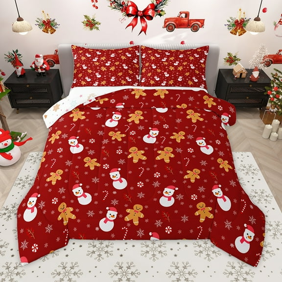 Homewish Cartoon Xmas Snowman Bedding Comforter Set,Sweet Christmas Cnady Cane Twin Comforter Sets,Red White Bedding Set For Girls,Luxury Bedroom Decor Reversible,2 Pieces