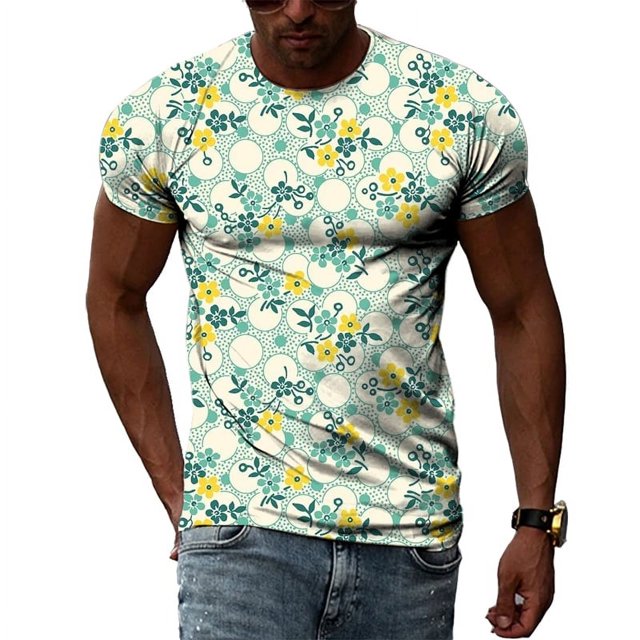Summer Men's Flower Pattern Printed T-Shirt Hip-Hop Element Trend Round Neck Tees Seasonality Fashion Handsome Short Sleeve Tops
