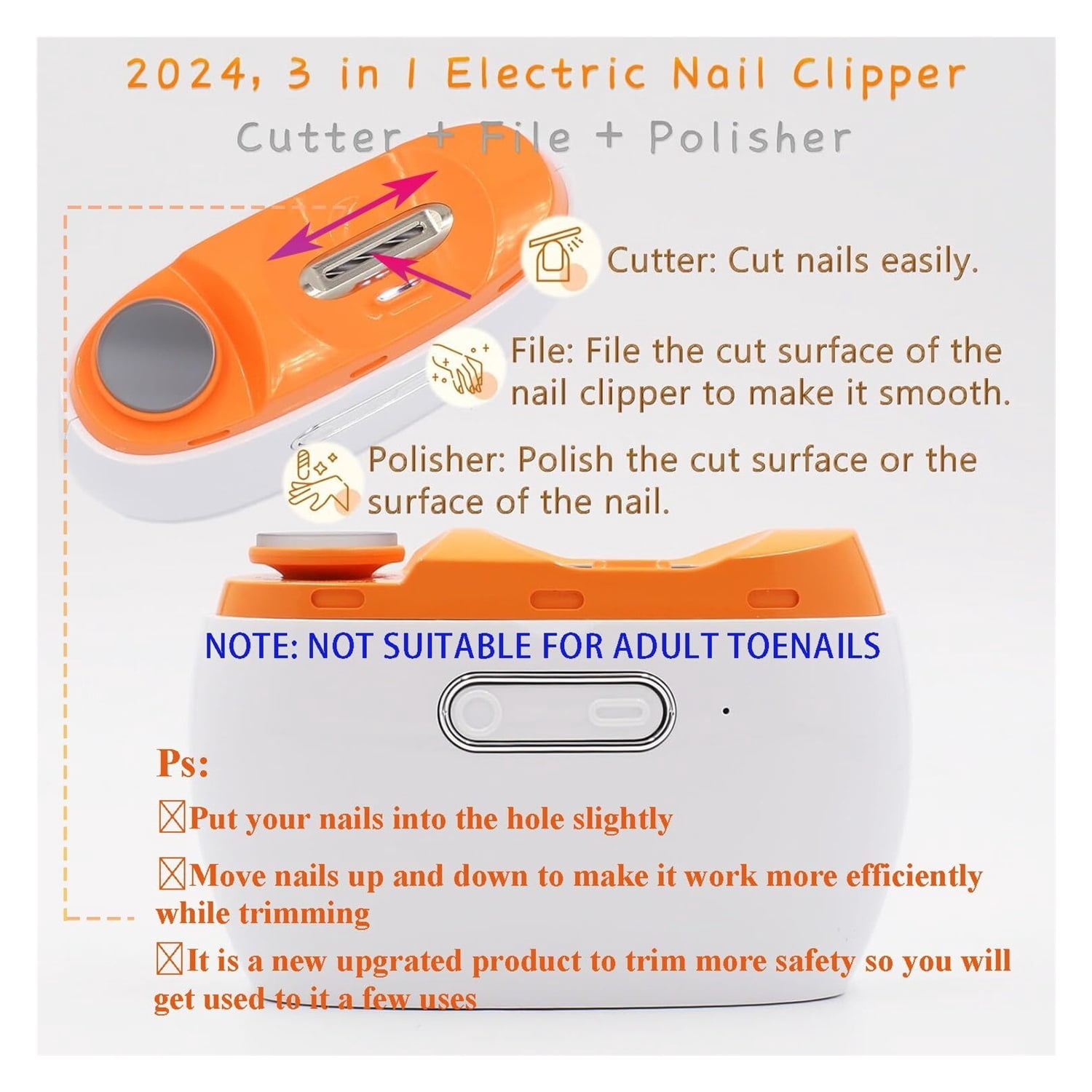 Automatic Nail Clipper, 3 in 1 Electric Nail Trimmer with Polisher & Light, Portable Fingernail Cutter Grinder with Scrap Storage, Rechargeable Safety Manicure for Caregiver, Senior, Kid (Orange)