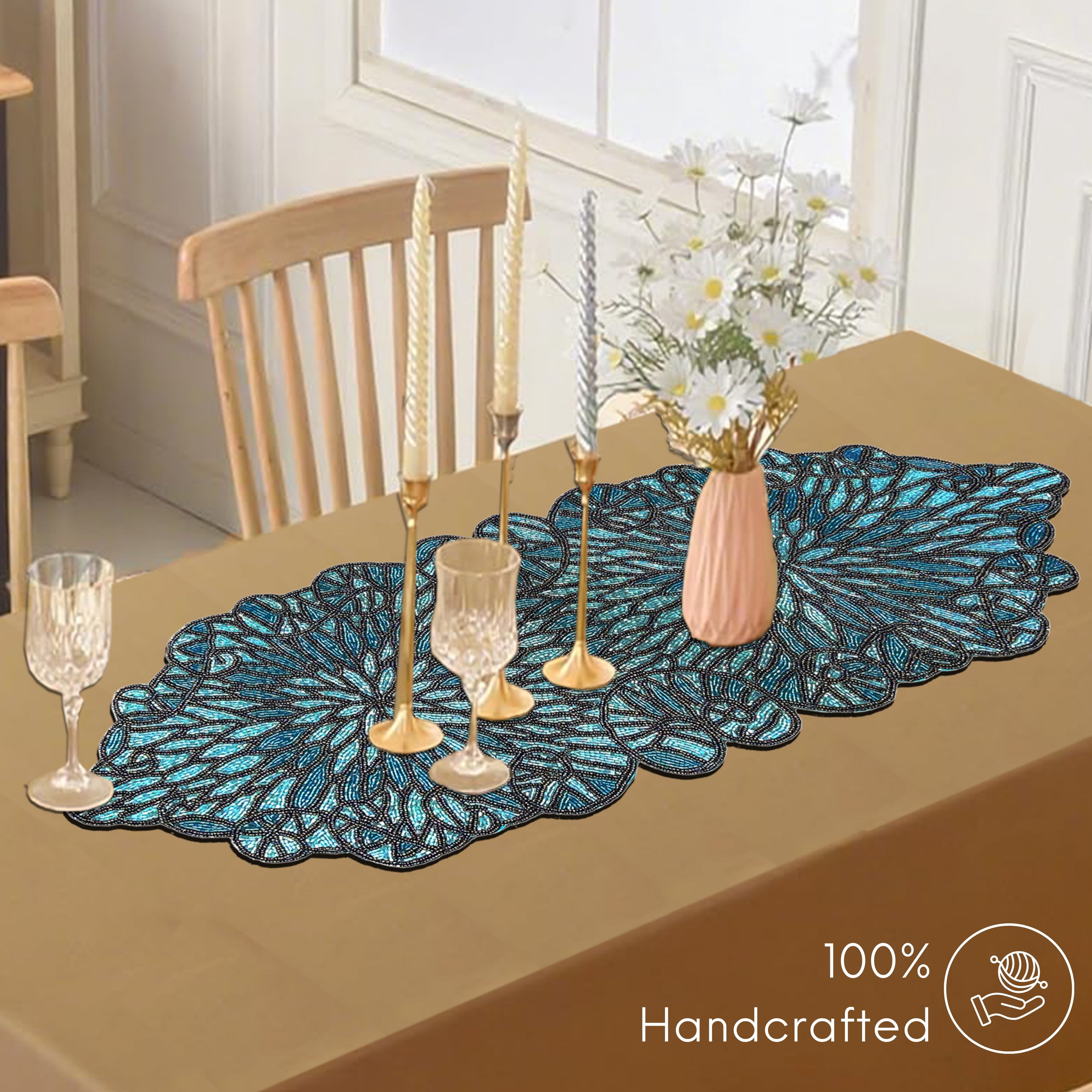 Handcrafted Glass Beaded Table Runner - Elegant Decorative Dining Table Décor (Blue Black)