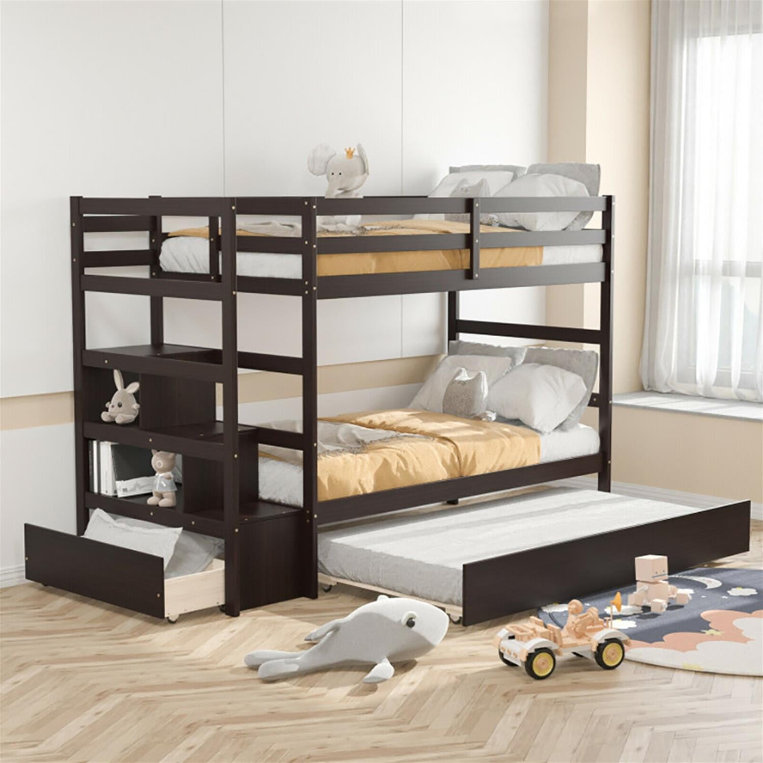 Demi Bonn Twin Pull-Out Bunk Beds with Ladder in the Steps and a Trundle, Bunk Bed Platform with Storage Shelf and Drawer, Brown