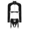 thumbnail image 3 of Conjunto de lencería para mujer, liguero con entrepierna abierta, aspecto húmedo, cadenas recortadas de charol, Top corto con cremallera y bragas de cintura alta, 3 of 5
