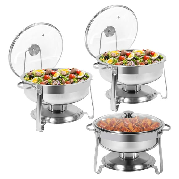 BriSunshine 3 Packs Round Chafing Dish Buffet Set, 4 QT Stainless Steel Chafing Dishes with Glass Lid & Lid Holder, Catering Food Warmers for Parties Buffet Weddings Events