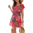 thumbnail image 1 of Vestido floral de mujer con cuello en V, manga corta, cordón en la cintura, vestido de verano hasta la rodilla, rojo XXL, 1 of 6