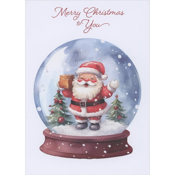 Designer Greetings Cute Santa and Small Evergreen Trees Inside Snow Globe Box of 15 Christmas Cards