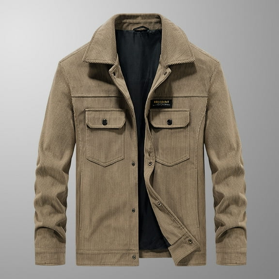 Herrnalise Men Casual Fashion Solid Turn-down Collar Zipper Padded Thermal Jacket Coat Khaki