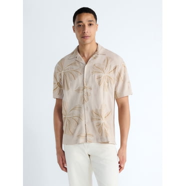 Free Assembly Men's Embroidered Linen Blend Camp Shirt with Short Sleeves, Sizes XS-3XL