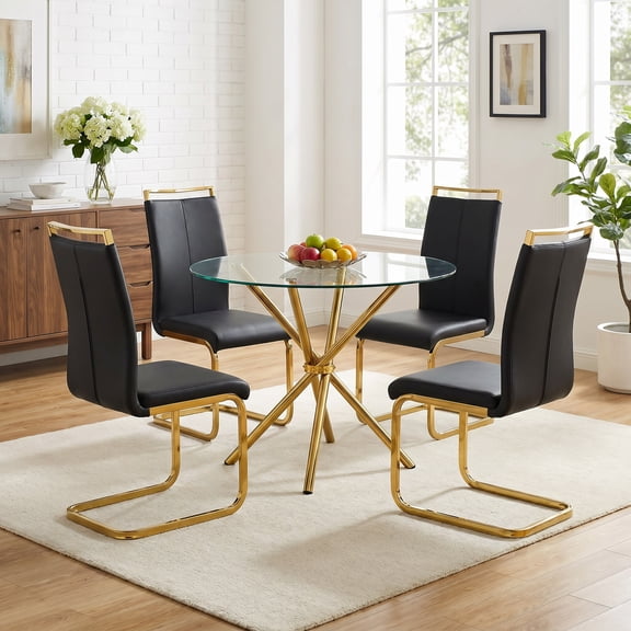 Sumdeal 5-Piece Round Glass Dining Set, 36.6 in Table, 4 PU High-Back Chairs, Black