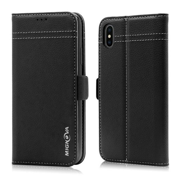 iPhone X Case, Mignova Genuine Leather Magnetic Closure Card Slot Wallet Case Cover with kick stand, ID & Credit Card Pockets for Apple iPhone X (Black)