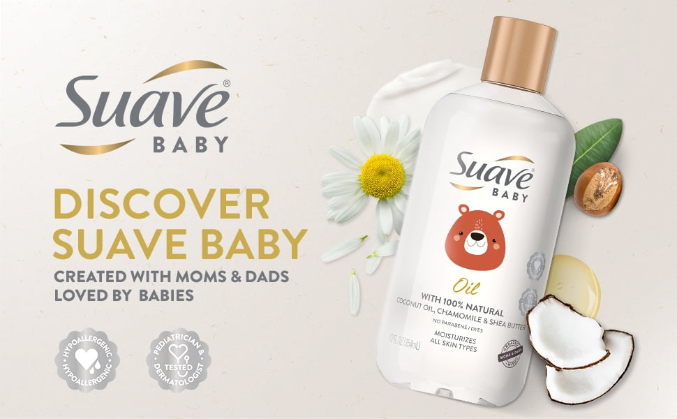 (4 pack) Suave Baby Moisturizing Baby Oil with Coconut Oil, Chamomile & Shea Butter, 100% Natural, 12 oz