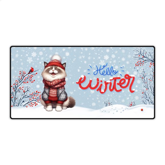 Hello Winter Ragdoll Smiling in Red Scarf Hat Welcome Christmas Desk Mat Full Keyboard Mouse Pad Cat Lover Kitten Owner Gifts Idea Large Mousepad - 00017