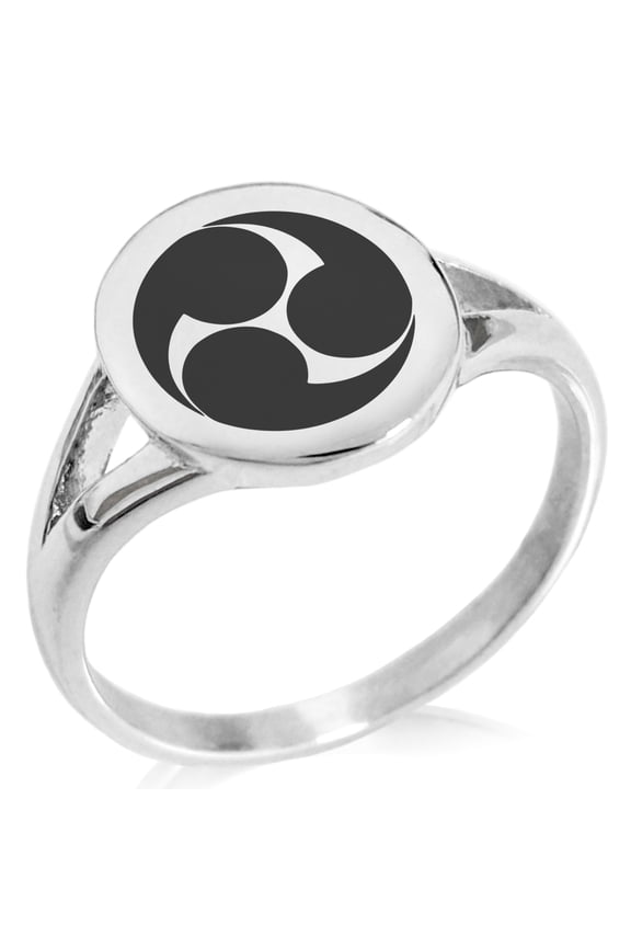 Stainless Steel Kobayakawa Samurai Crest Minimalist Oval Top Polished Statement Signet Ring
