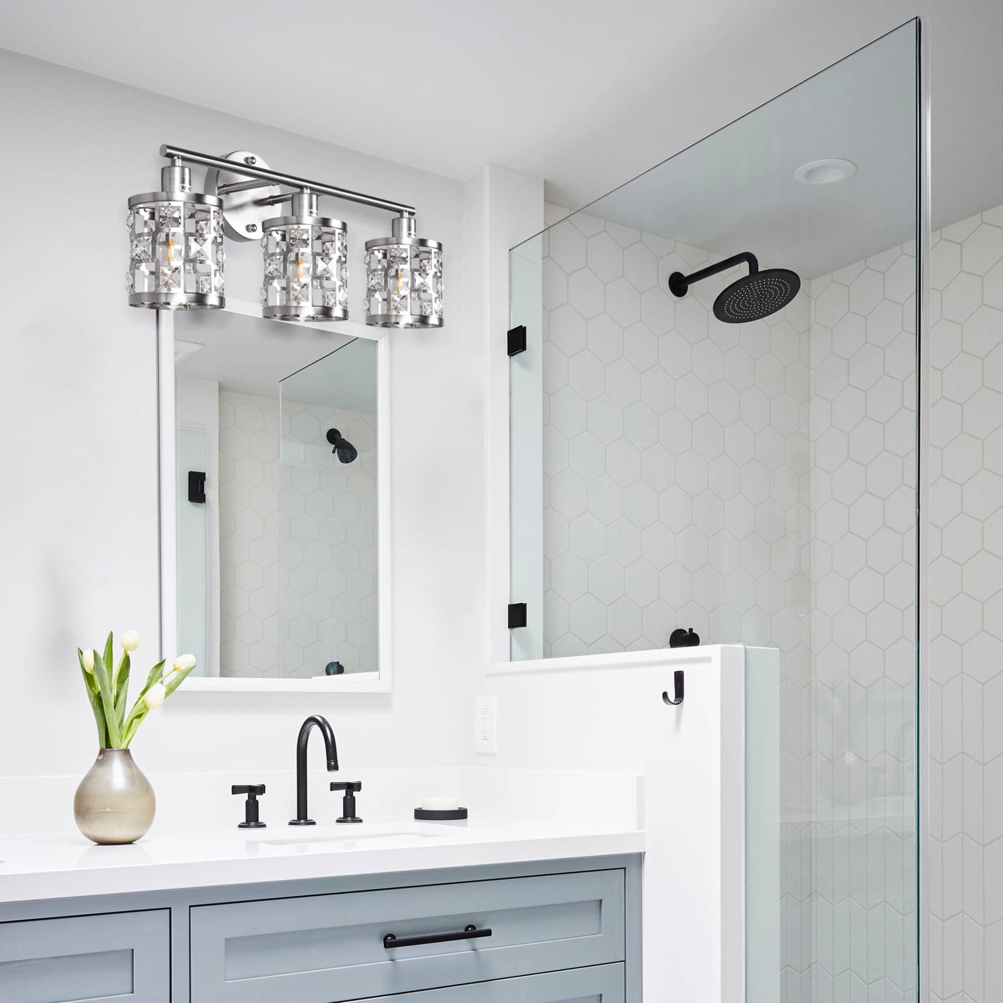 YANSUN 19.9" 3-Light Brushed Nickel Crystal Vanity Mirror Light, E12 Candelabra Base for Bathroom, Bedroom, Hallway (Bulbs Not Included)
