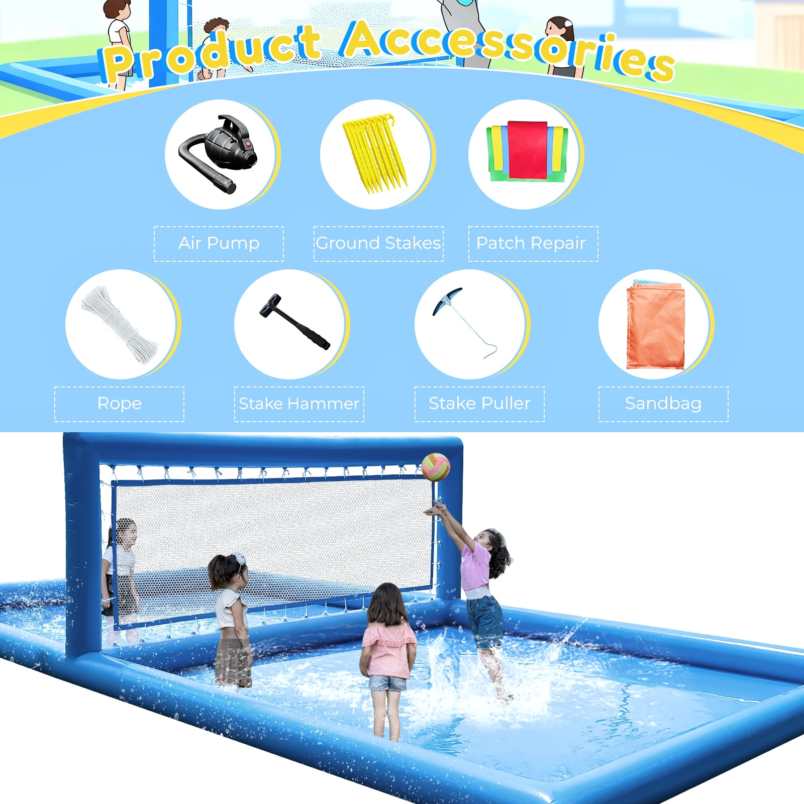TRYSET 33x16.5x7FT Inflatable Volleyball Pool Court with 800W Air Pump, Commercial PVC Outdoor Water Game for Backyard Beach & Family Fun