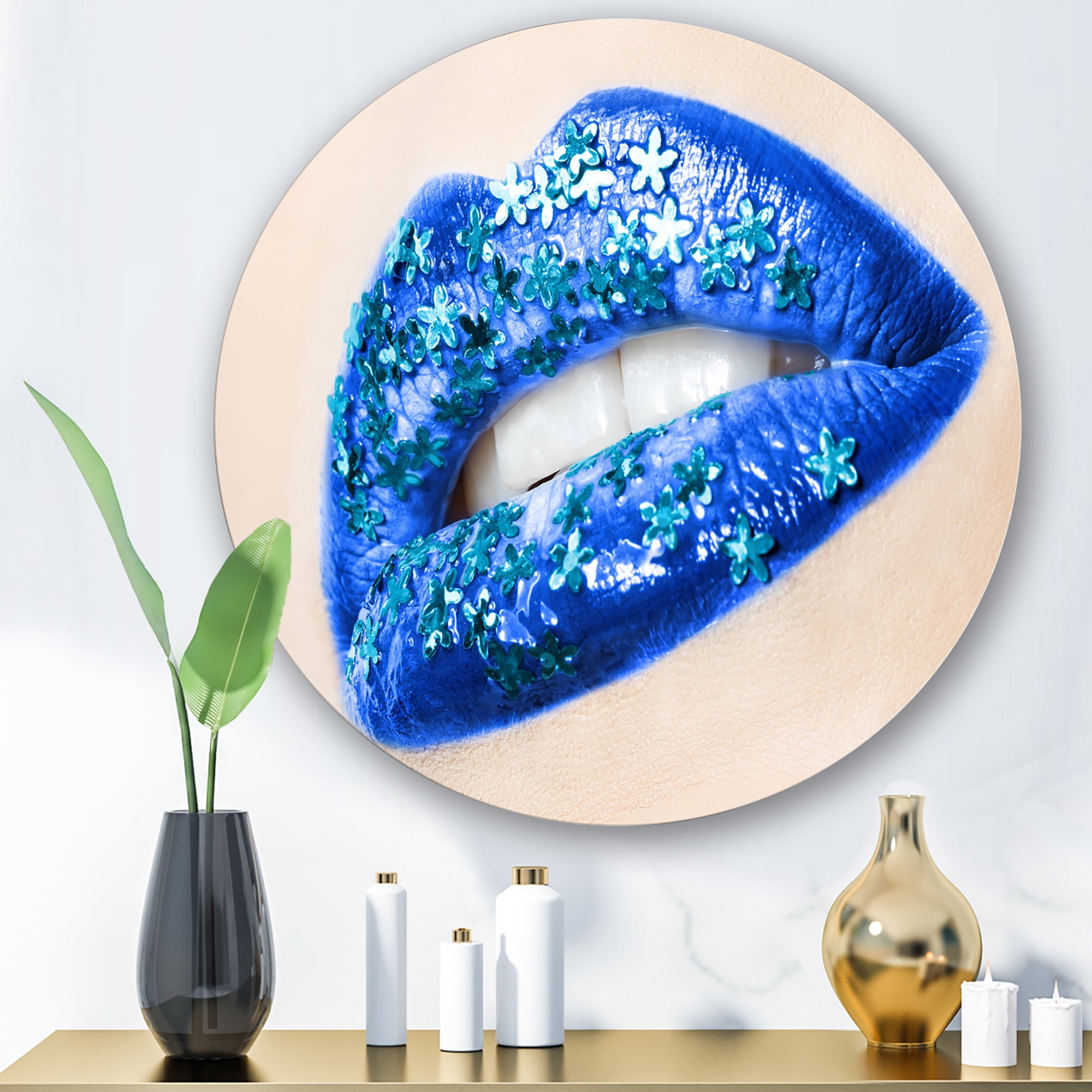 Beautiful Woman Lips Blue With Flowers 11 in x 11 in Painting Art Prints, by Designart