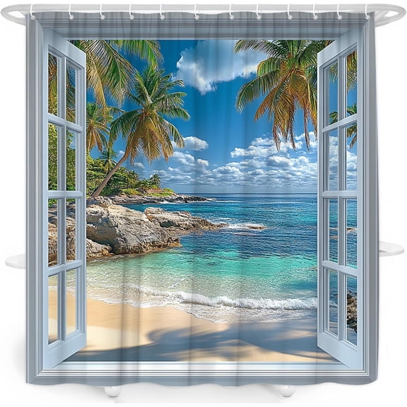 Beach Ocean Shower Curtain, Hawaii Palm Tree Wooden Window Waterproof Bathroom Curtain with Hooks, Tropical Coastal Bathroom Decor 36"W x 72"H