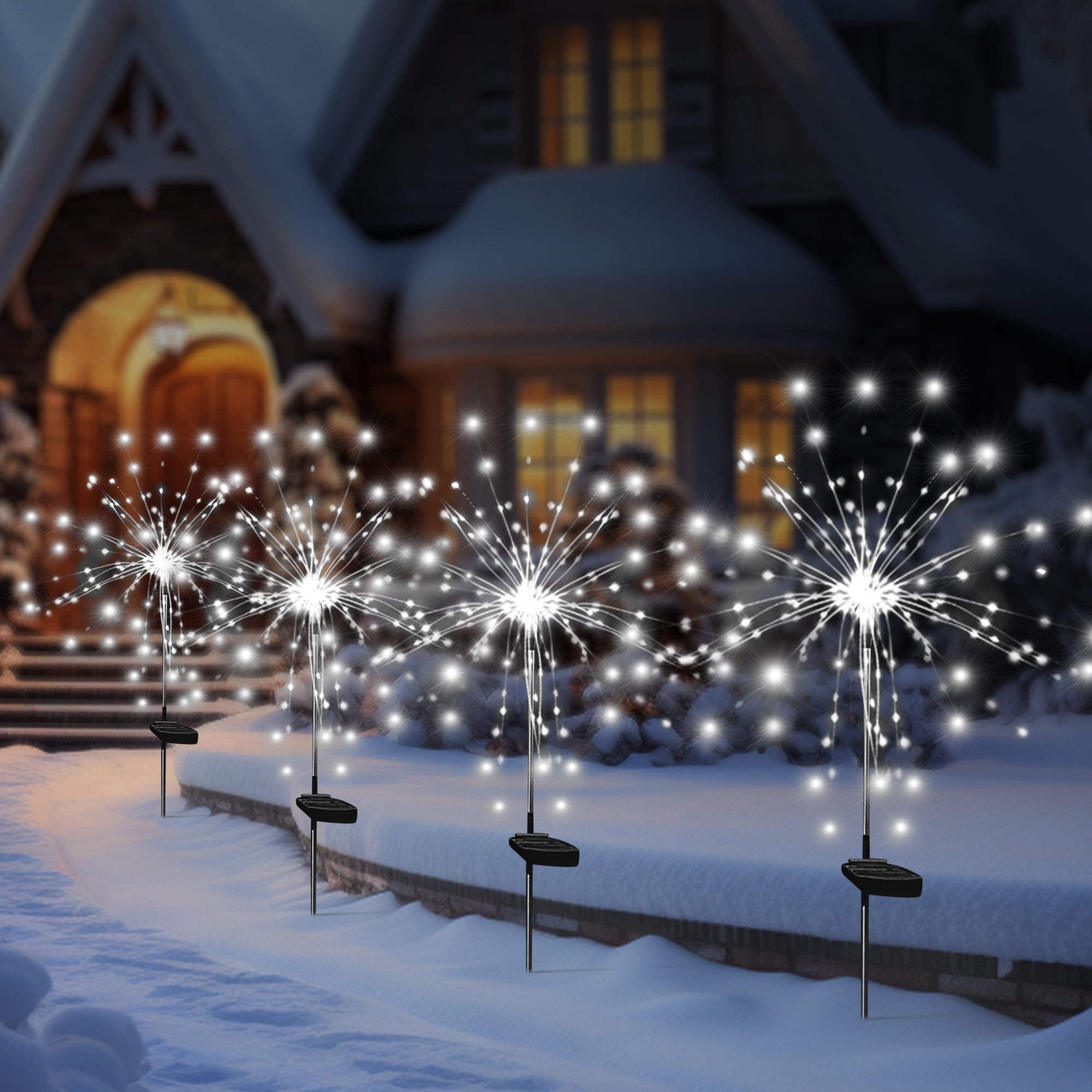 OriginalSourcing 4 Pack 120LED Solar Lights for Outside, Solar Firework Light Outdoor Waterproof with 8 Flashing Modes, Solar Lights for Lawn and Garden Decoration, White