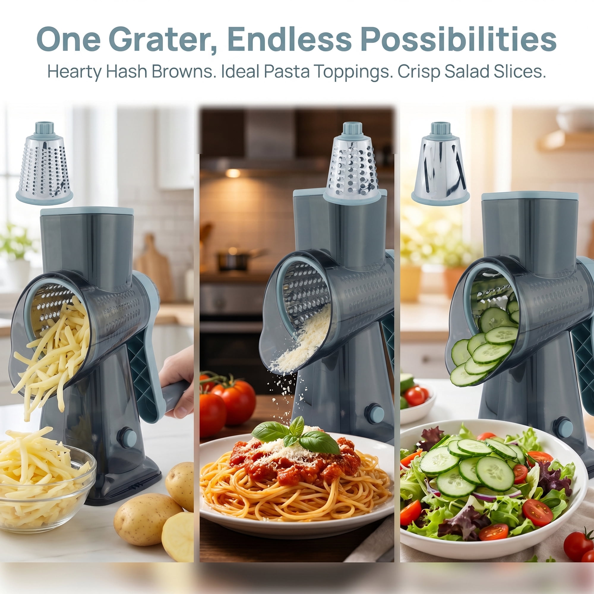 Unique Bargains 3-in-1 Rotary Vegetable Manual Slicer with Drums Blue 6.3x4.3x9.2in