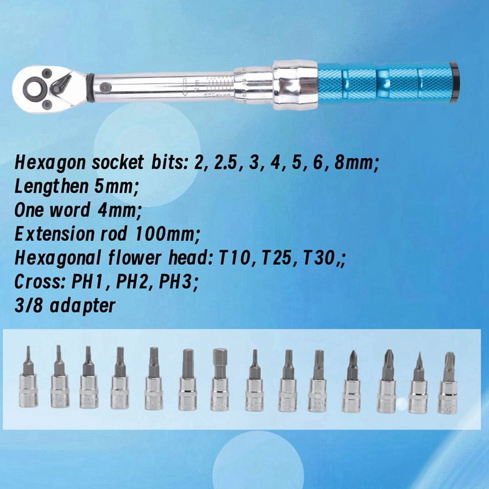 Torque Wrench for Bicycle and , 1/4 2-15Nm MINI Torque Accuracy Repair Tool with 3/8Inch Adapter,Extension,1 set Torque Wrench,Silver & Blue