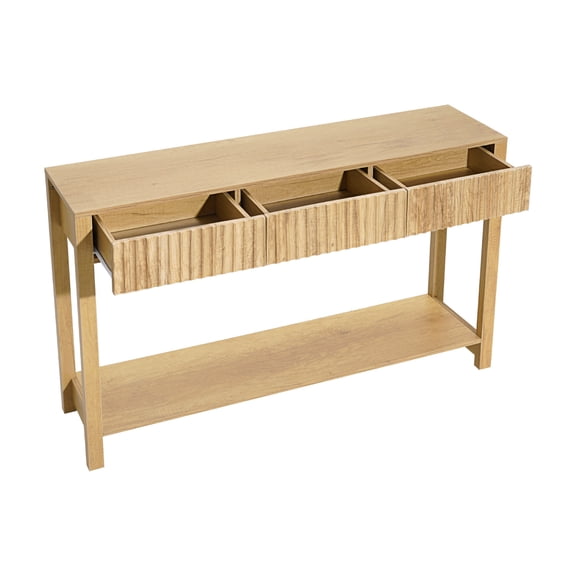 KFFKFF 47-inch Console Table, Wooden Rectangular Desk with Drawers and Lower Storage Shelf, Ideal for Hallways, Bedrooms, Living Rooms, and Entryways, Burlywood Finish