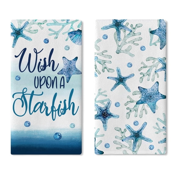 Wish Upon A Starfish Beach Kitchen Dish Towels Set of 2, Blue Coastal Sea Coral Shell Bubble Drying Hand Towel Baking Cooking Cloth, Nautical Ocean Bathroom Home Decoration 16x24 Inches