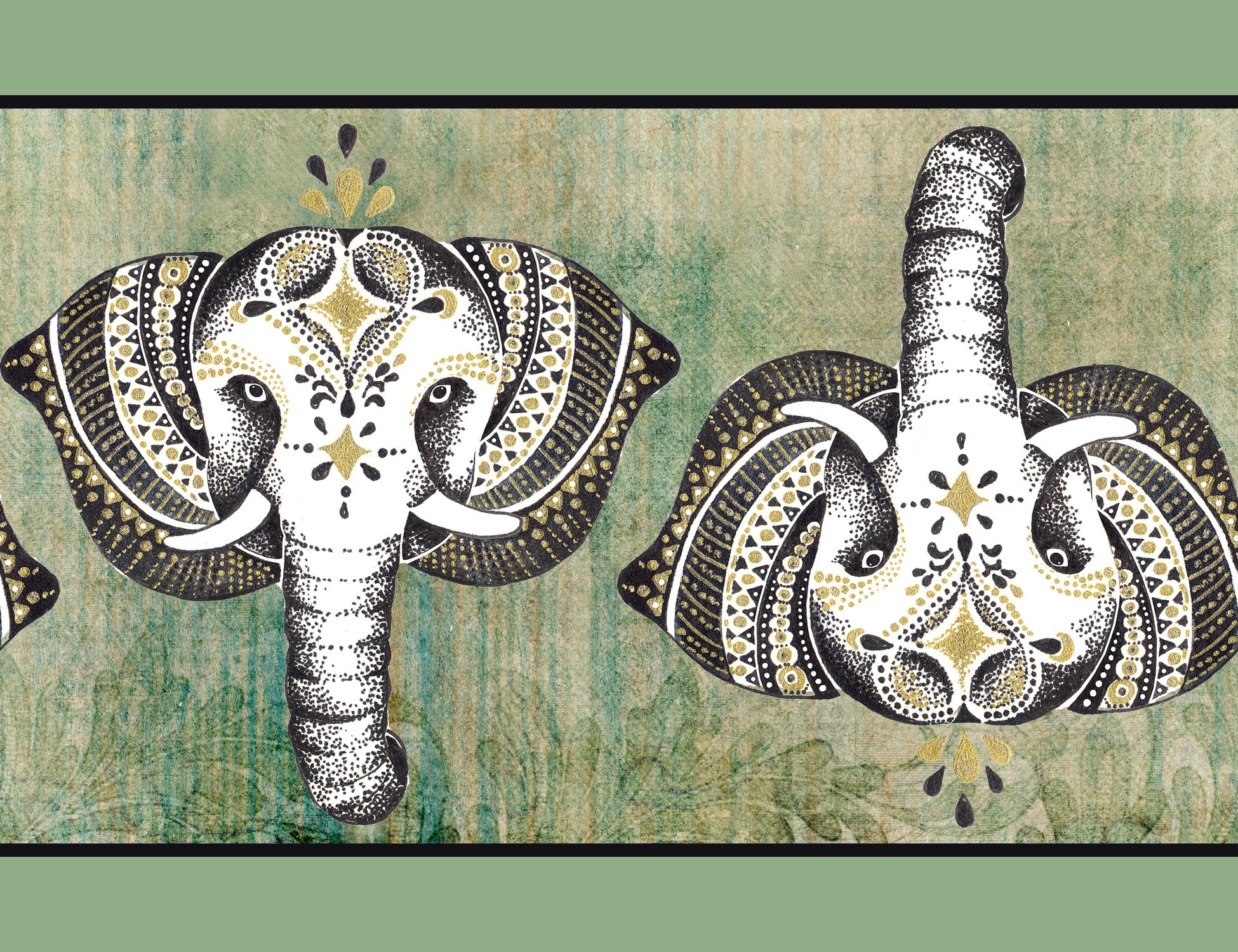 IBA Indianbeautifulart Green Tribal Elephant Face Animal Printed Ribbon&nbsp;Trim&nbsp;9 Yards Velvet Fabric Laces For Crafts Sewing Accessories 4 Inches