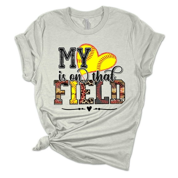 Womens Softball Tshirt My Heart Is On That Field Softball Mom Short Sleeve T-shirt-Athletic Heather-large