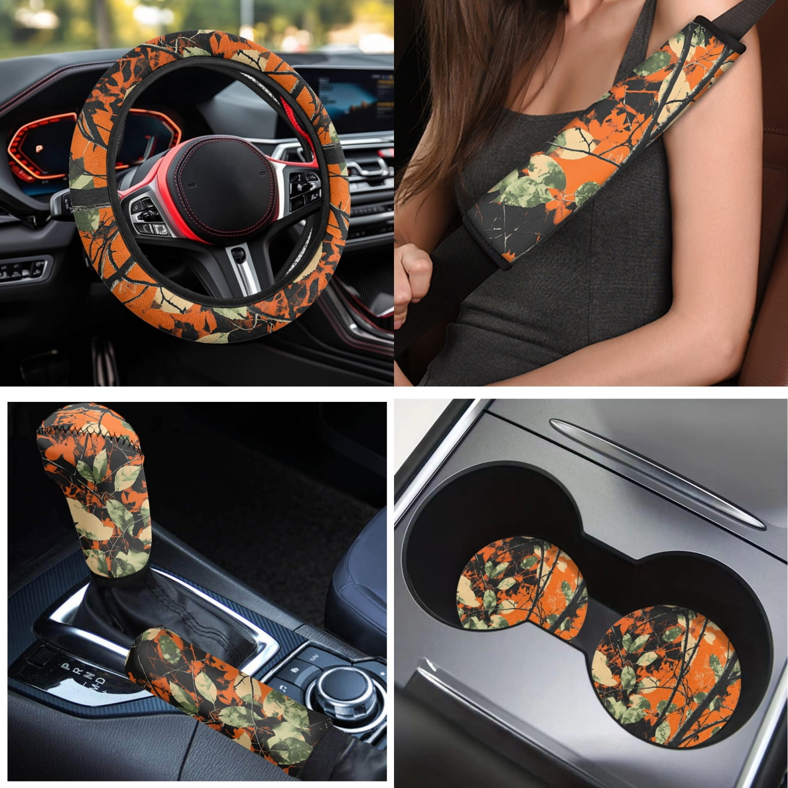 Yuyamidu Camo Hunting Car Seat Cover Full Set Orange Wood Car Floor Mats Steering Wheel Cover Seatbelt Pad Cup Coaster Handbrake Cover Gear Shift Knob Cover 15pcs Auto Accessories Set for Sedan
