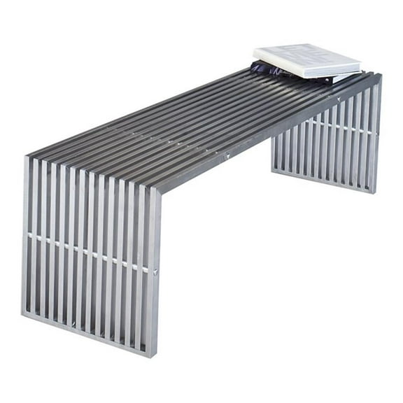 Maklaine Rectangular Modern Brushed Steel Metal Bench in Silver