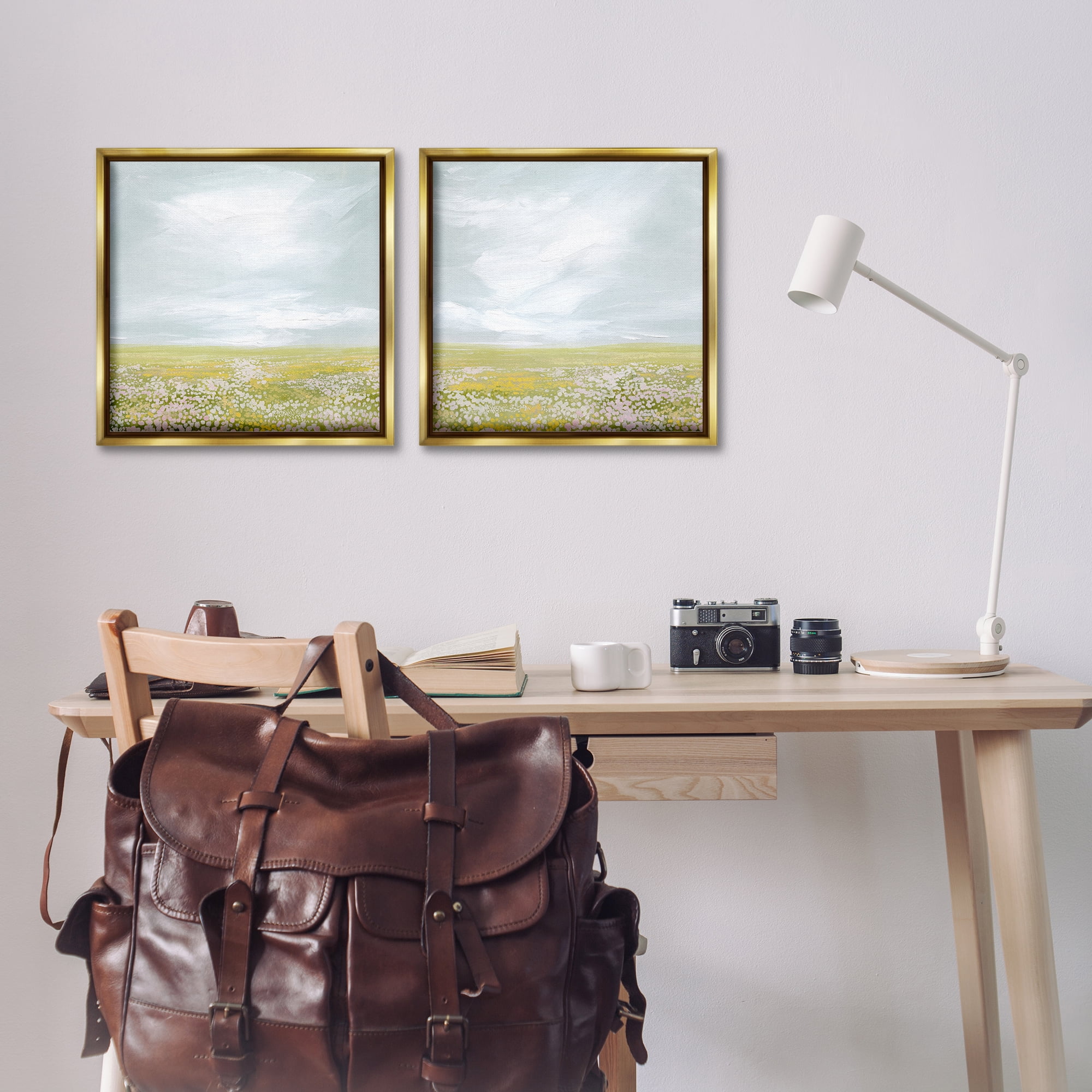 Stupell Industries Flowering Field Wispy Clouds Landscape & Nature Painting Gold Floater Framed Canvas Art Print Wall Art, 18 x 18, Set of 2